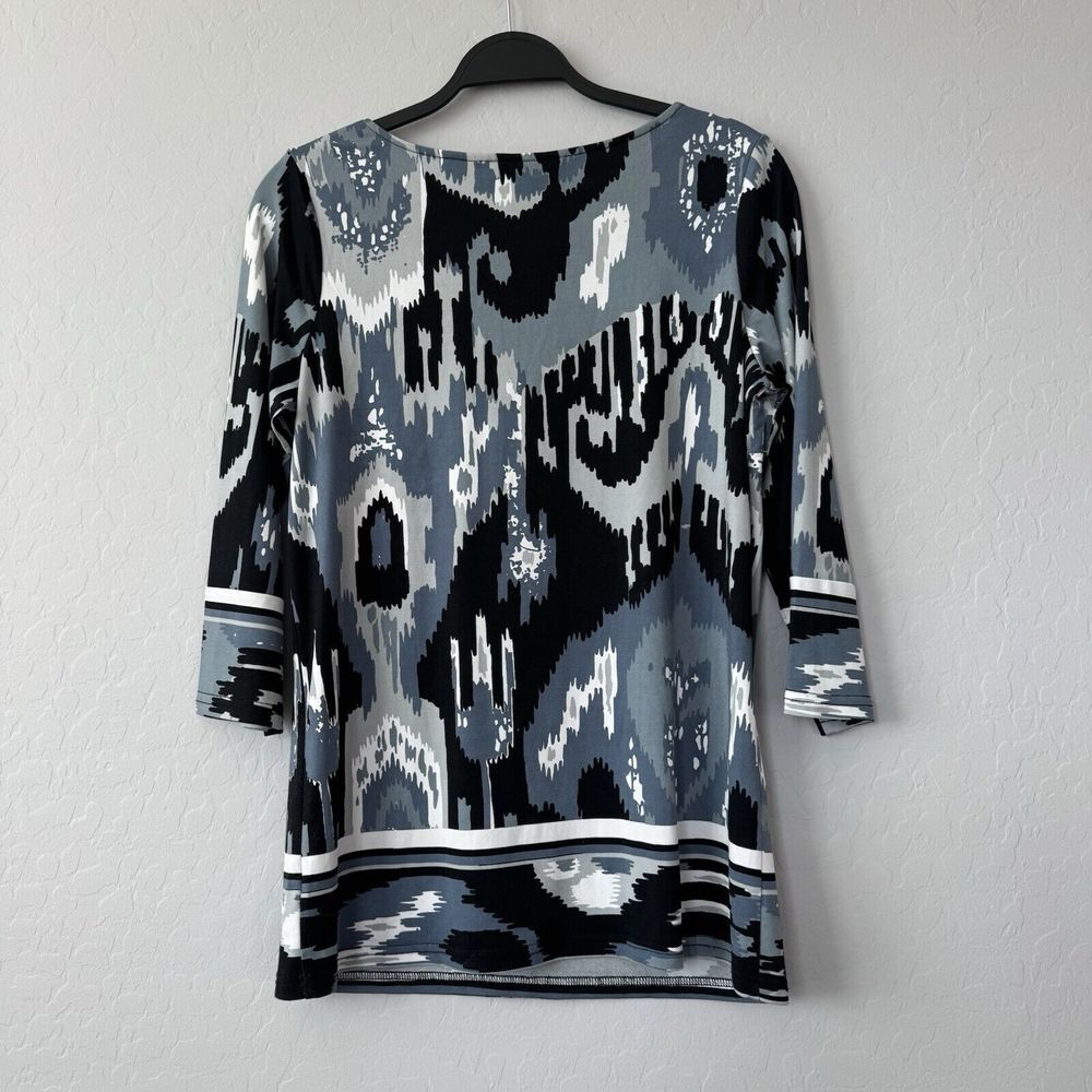 Bob Mackie Small Blue Black White Abstract 3/4 Sleeve Tunic‎ Top - Picture 2 of 4